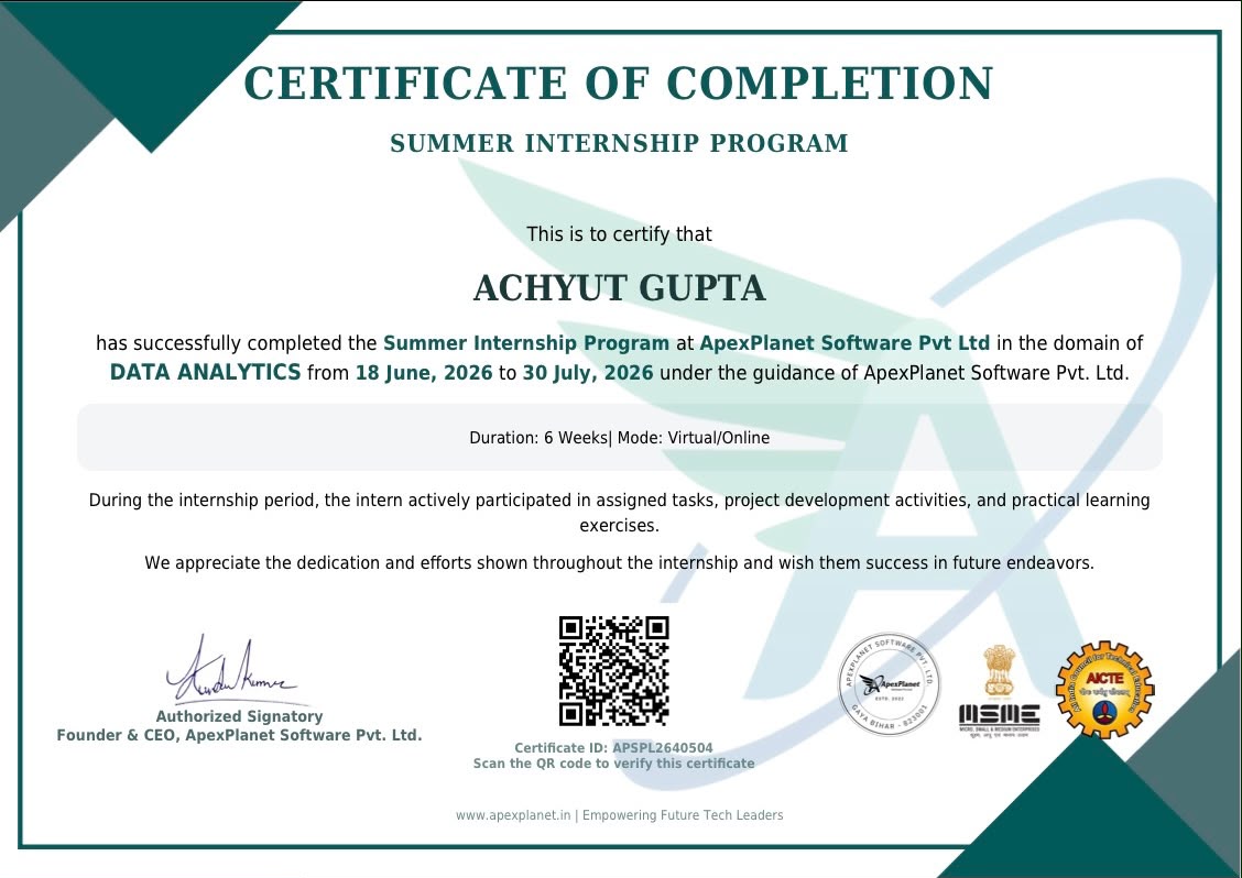 ApexPlanet Data Analytics internship certificate