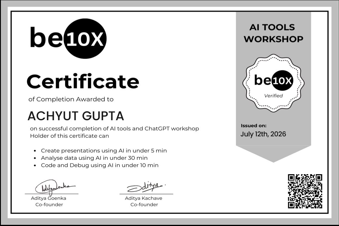 be10x AI Tools Workshop certificate