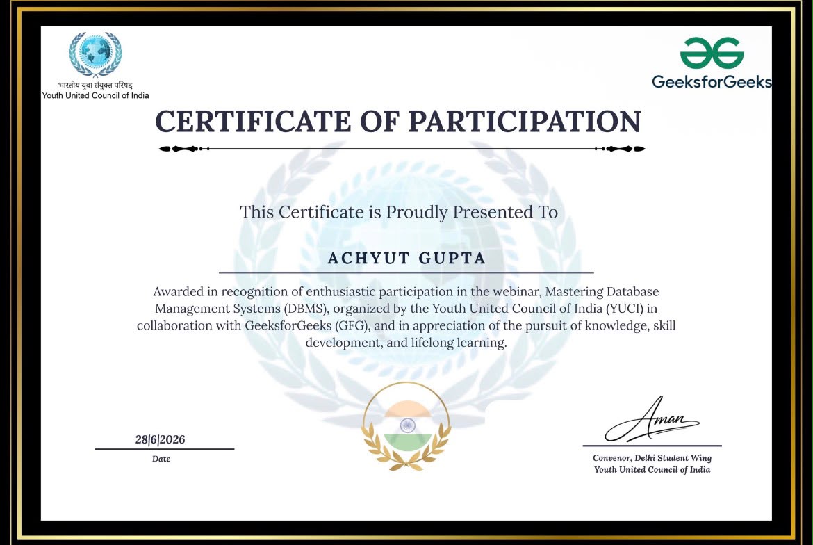 GeeksforGeeks DBMS webinar certificate