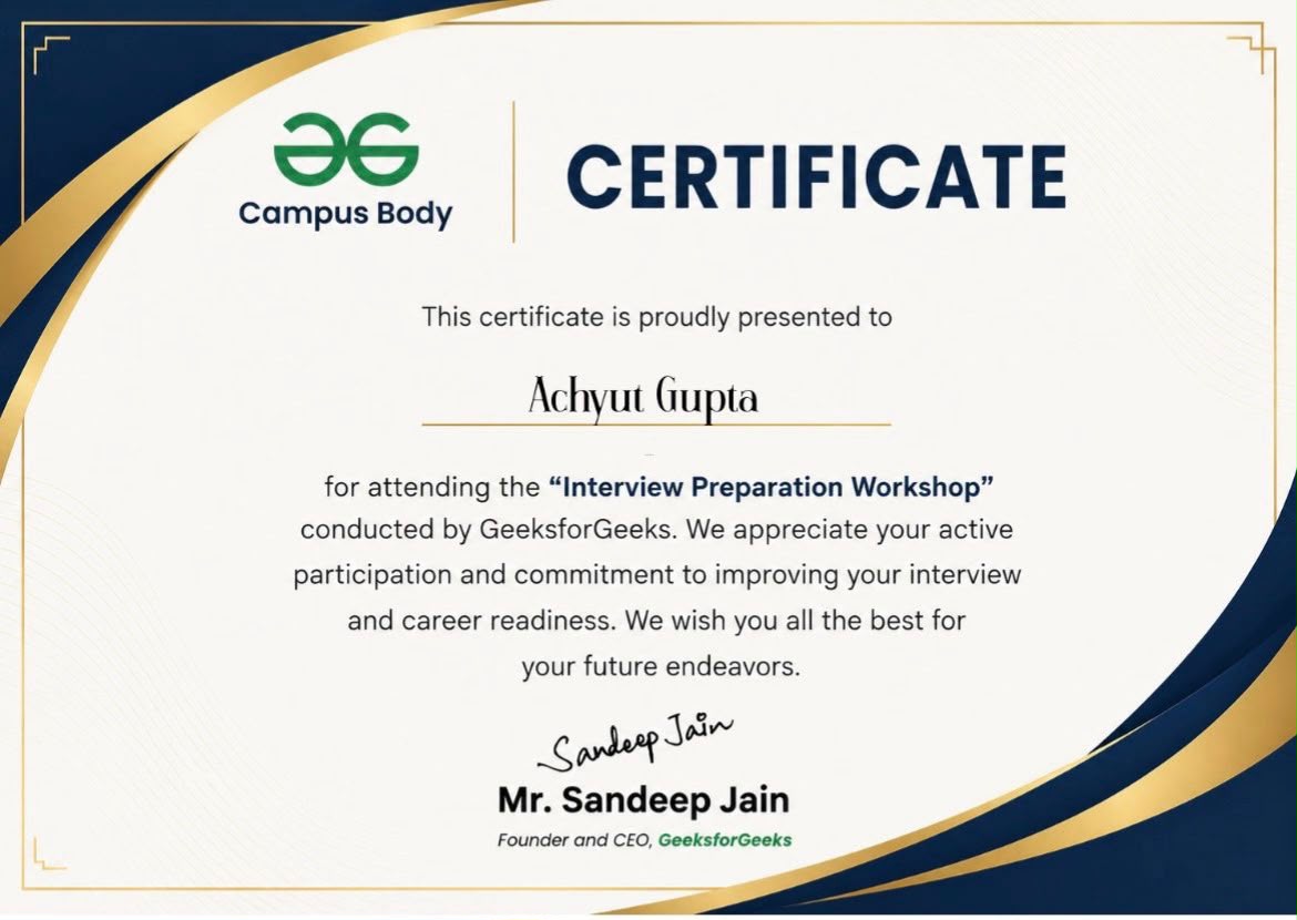 GeeksforGeeks Interview Preparation Workshop certificate