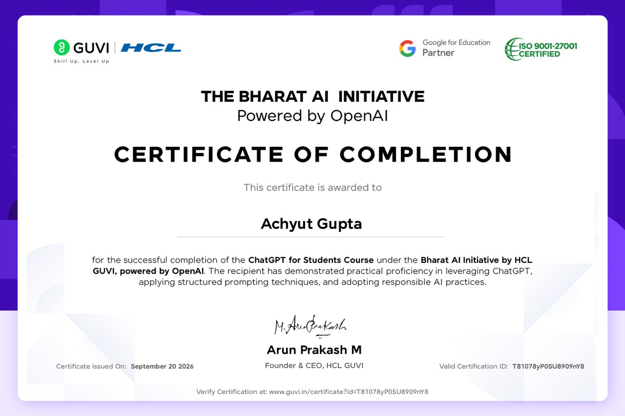 GUVI HCL ChatGPT for Students course completion certificate