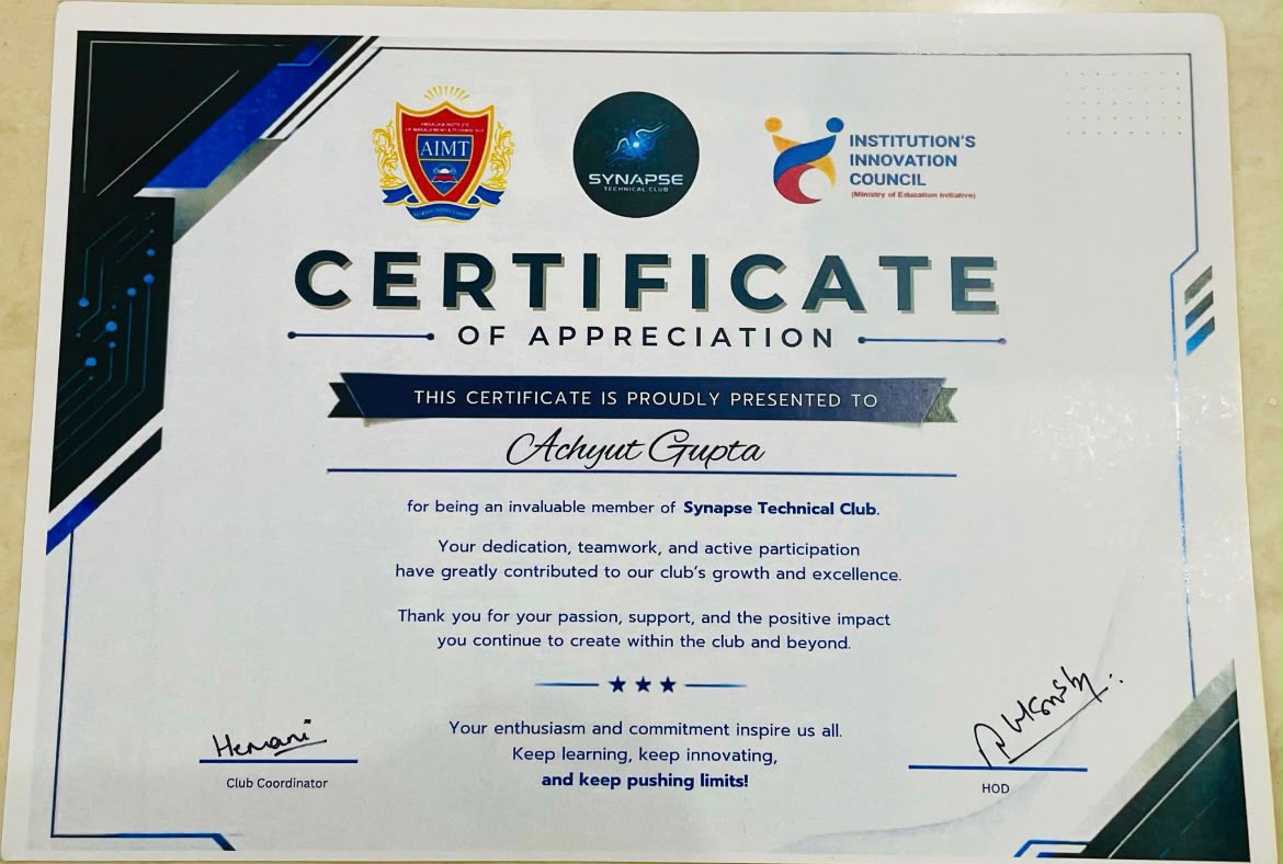 Synapse Technical Club Certificate of Appreciation