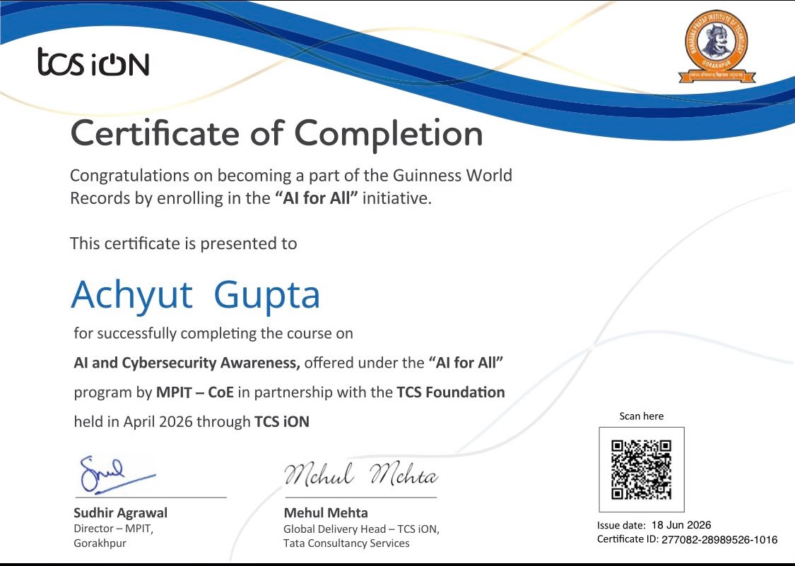 TCS iON AI and Cybersecurity Awareness certificate