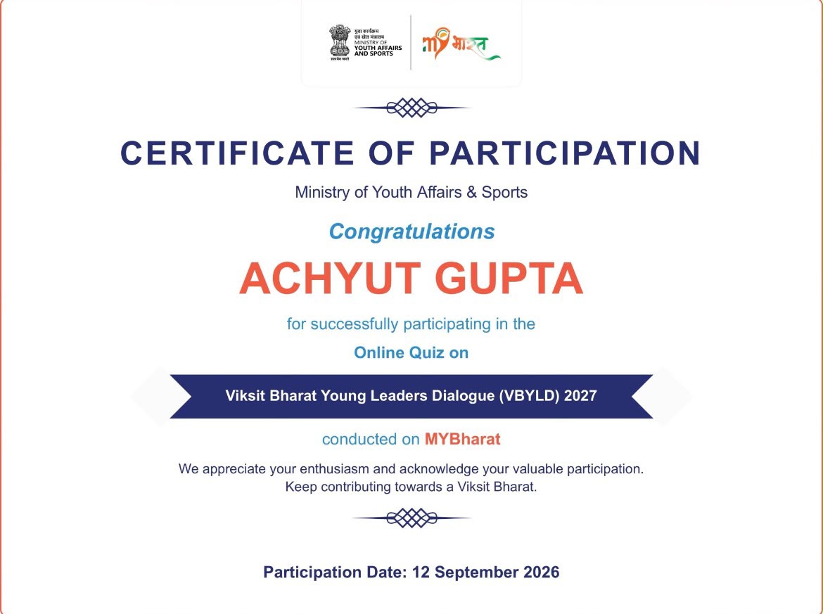 Viksit Bharat Young Leaders Dialogue 2027 quiz certificate